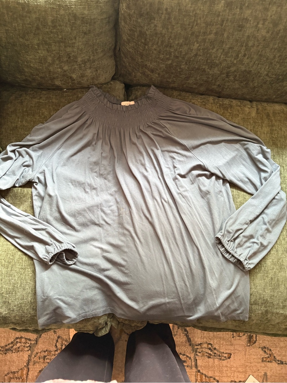 LOFT Smocked Neck Long-Sleeve Top - Light Gray